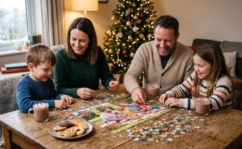 család puzzlet játszik karácsonykor