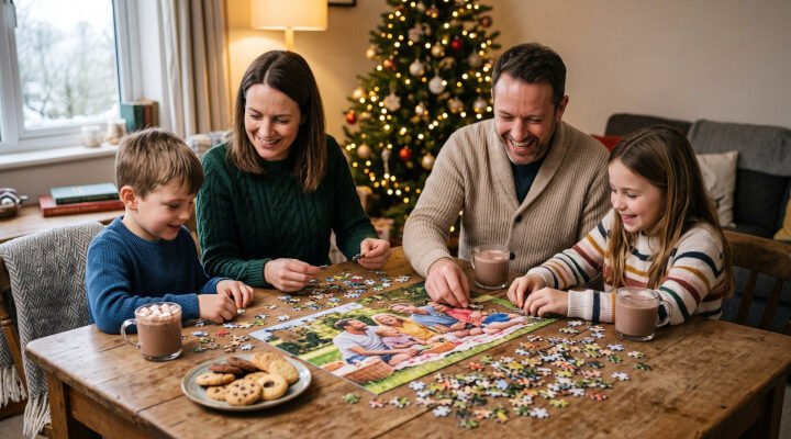 család puzzlet játszik karácsonykor